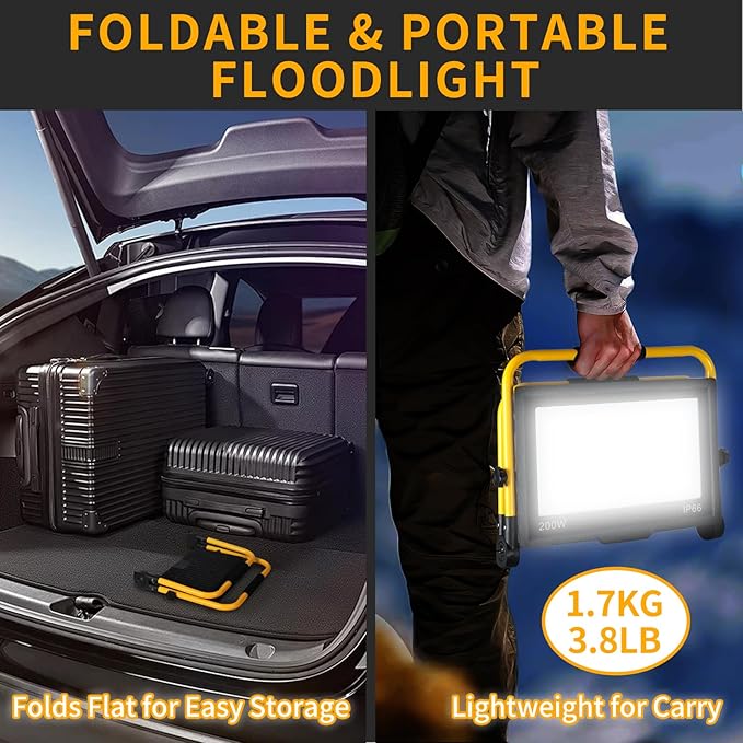 24000LM LED Work Light, 200W Ultra Brighter Flood Light with 16FT Cord Switch, Portable Worklight with Stand, 5000K IP66 Waterproof Outdoor Construction Lighting for Job Site Camping Workshop Garage
