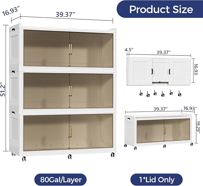 240Gal Extra Large Stackable Storage Bins with Lid, 960Qt Collapsible Storage Box with Wheels, Closet Organizers and Storage Cabinet Container for Home, Kitchen, Office, Bedroom, 3Pack White