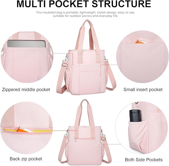 NOL Insulated Lunch Bag for Women, Large Spacious Lunch Tote Bag With Removable Adjustable Shoulder Strap with Multi Pockets,Leakproof Cooler Bag,Lightweight Nylon Waterproof Lunch Box For Work,Pink