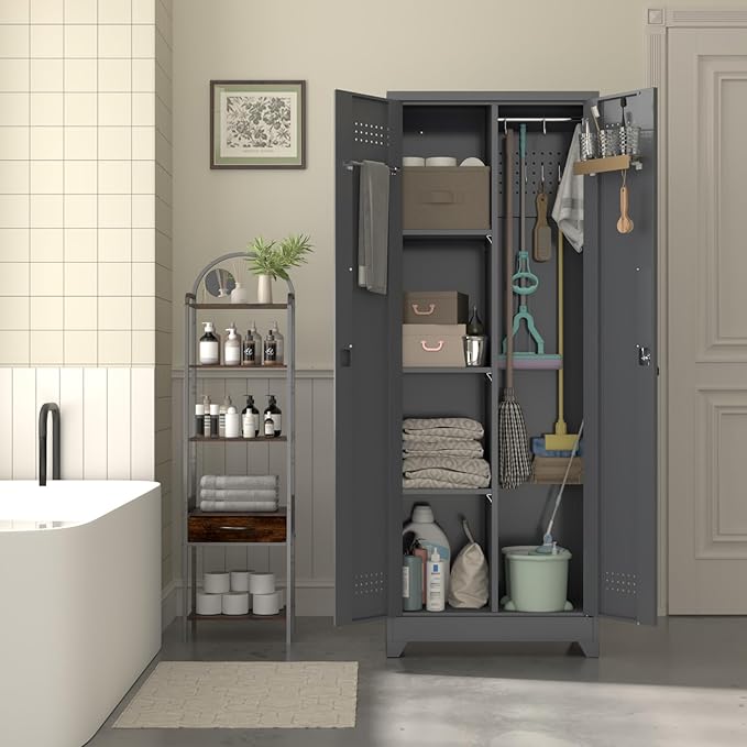 LUCYPAL 65" H Metal Garage Storage Cabinet with Shelves and Lock,Broom Closet Storage Cabinet with Hanging Rods for Mops,Garage Tool Cabinets for Utility Room,Laundry Room,Grey