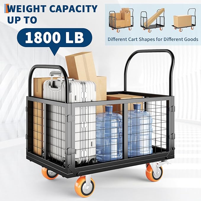 6in1 Foldable Platform Truck Cart with Cage Platform Truck,1800lbs Push Cart Dolly Capacity Flatbed Hand Truck Dolly Cart Multipurpose for Grocery, Laundry, Garage, Warehouse (Black)