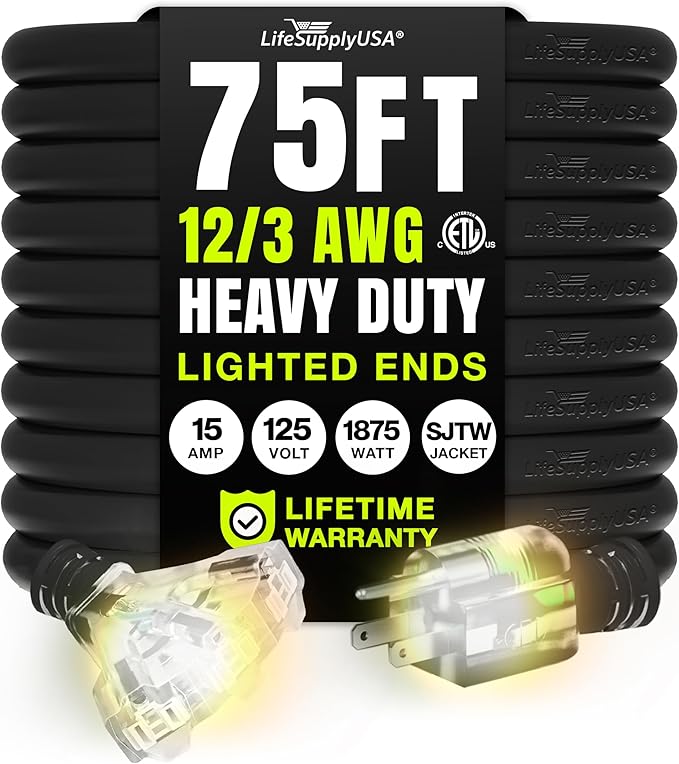 75ft Outdoor/Indoor Extension Cord 3-Outlet 12/3 Gauge Extra Heavy Duty ETL Listed, 3 Prong SJTW, Waterproof, Flexible Cold-Resistant Long Power Cord,15A 125V 1875W, Black by LifeSupplyUSA