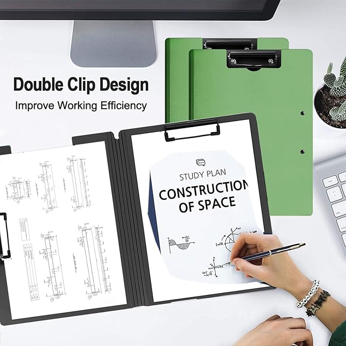 2 Pack Foldable Clipboards, A4 Office Clipboard Folder with Double Metal Clips, 360 Degree Foldable Binder Clipboard with Pen Holder, File Cover Work Folder Clipboards, Green