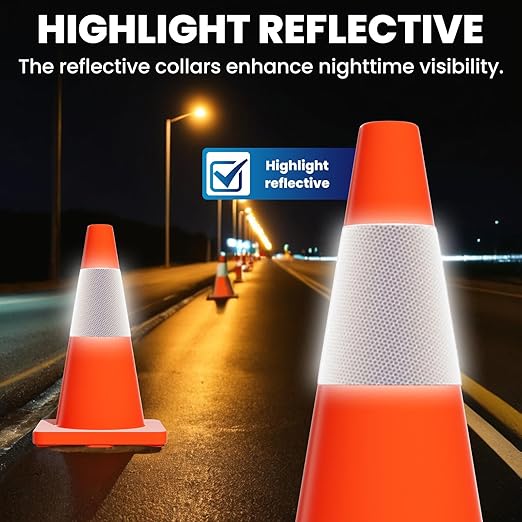 20 Pack 18" Traffic Cones, Orange Safety Cones with Heavy Stable PVC Base Reflective Collars, Multi-Use Parking Cones for Road Construction, Parking Lots, Driveway Marking