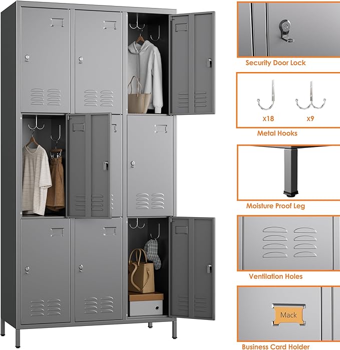 Employee Lockers with 27 Hooks,9 Doors Metal Storage Locker with Card Holder for Employees Home Gym,Assembly Required (Dark Grey)