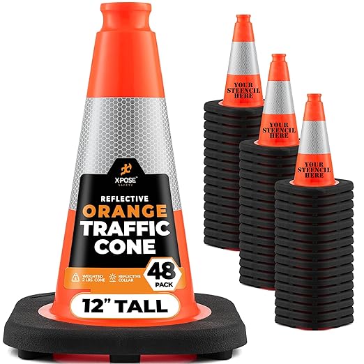 Xpose Safety 12 Inch Orange Traffic Cones with 4" Collar - 48 Pack Multipurpose PVC Plastic Safety Cone for Parking, Soccer, Caution, Kids and Construction - DOT Approved