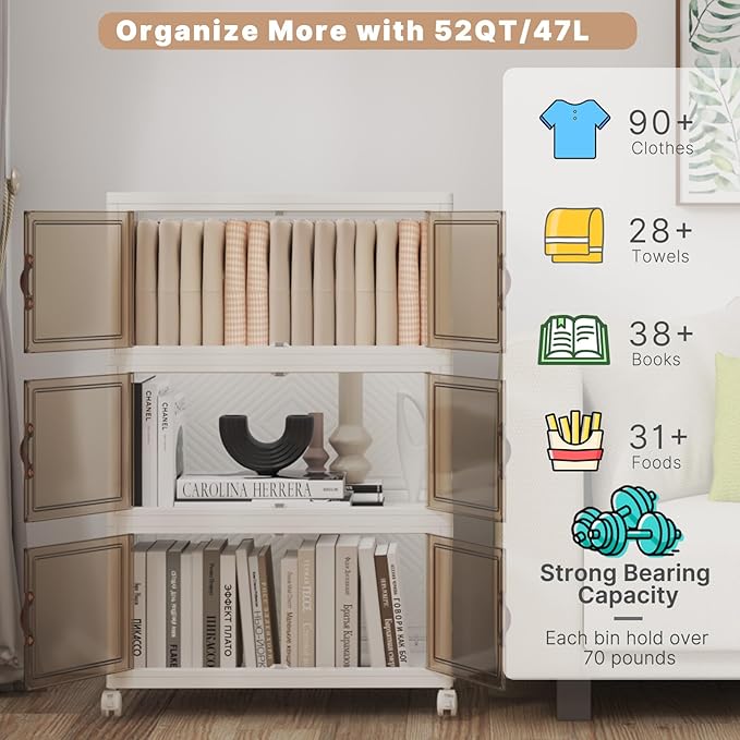 Extra Large Stackable Storage Bins with Lids & Wheels, Foldable Plastic Storage Bins (White, 165QT-55QT/14GAL*3Pack)