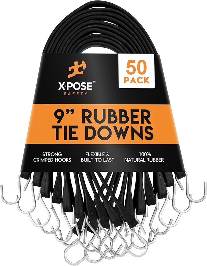 Rubber Bungee Cords with Hooks 50 Pack 9 Inch (14” Max Stretch) Heavy-Duty Black Tie Down Straps for Outdoor, Tarp Covers, Canvas Canopies, Motorcycle, and Cargo - by Xpose Safety