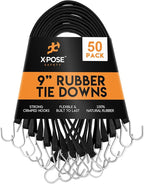 Rubber Bungee Cords with Hooks 50 Pack 9 Inch (14” Max Stretch) Heavy-Duty Black Tie Down Straps for Outdoor, Tarp Covers, Canvas Canopies, Motorcycle, and Cargo - by Xpose Safety