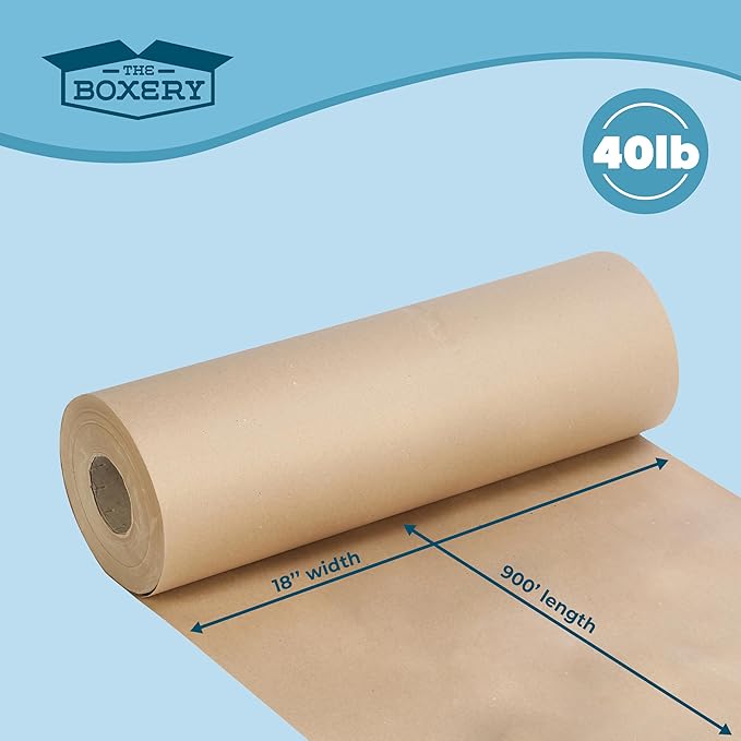 The Boxery Kraft/Brown Kraft Paper Roll, 18” x 10,800” (900’)-40lb. Thickness-Brown Wrapping Paper, Natural Kraft Packing Paper, Void Fill, Arts/Crafts, Bulletin Boards, Gift Wrapping