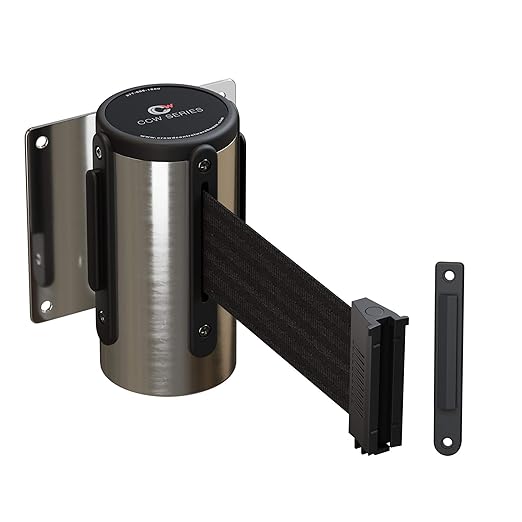 Crowd Control Warehouse - CCW Series WMB-120 Fixed Wall Mount Retractable Belt Barrier - 11 Foot, Black Belt with Stainless Steel Case, Crowd Control Barriers