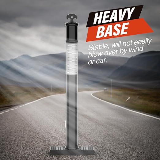 RoadHero 45 Inch Delineator Post with Rubber Base,Heavy Duty Black Traffic Delineator Posts Cones with Reflective Collars for Parking Lots, Road Safety, Construction Events 3 Pack