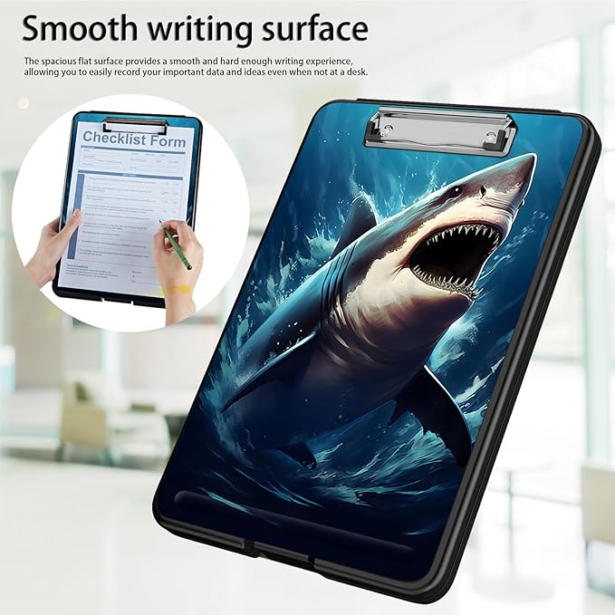 Clipboard with Storage,Office Supplies Nursing Clipboards Folder with Pen Holder Plastic Foldable Clip Board with Storage for Nurse Teacher,Shark in Sea