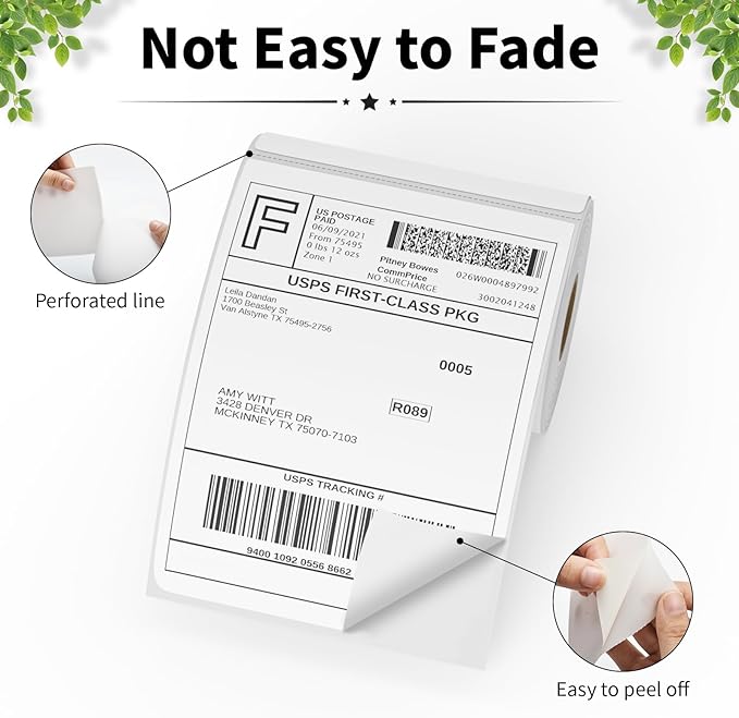 FungLam 6 Rolls 4"x6" Thermal Shipping Labels, 250 Labels/1 Roll, 1" Core, Perforated, Address Mailing Shipping Labels Compatible with JADENS,Rollo, Zebra,iDPRT.