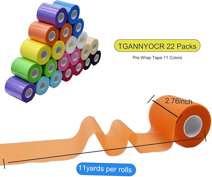 22 Packs Pre Wrap Tape, 11 Colors 2.76 Inch x 11Yards Prewrap Athletic Tape for Soccer, Foam Tape, Underwrap Bandage for Wrists, Prewrap Headbands for Hair (Rich Color)