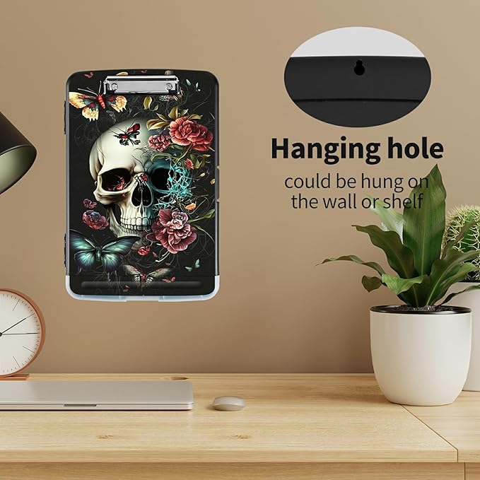 Clipboard with Storage High Capacity Plastic Nursing Clipboards with Pen Holder File Folder Storage Box Clipboard with Heavy Duty Clips for Teacher,Doctor,Offices-Butterfly Skull Flower