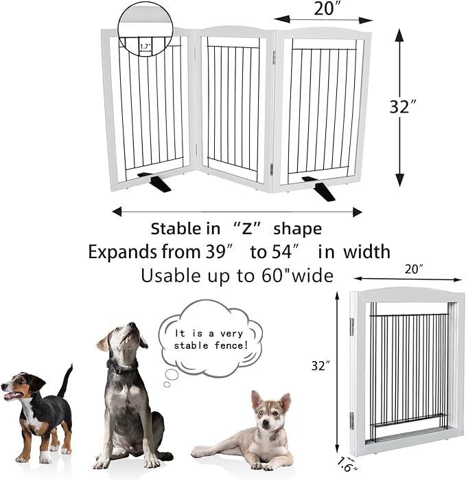 Dog Fence Indoor - 3-Panel Freestanding Dog Gate for Doorways, Hallways, House or Stairs -60x32-Inch Retractable Foldable Expandable Wood Pet by SFJC (White)