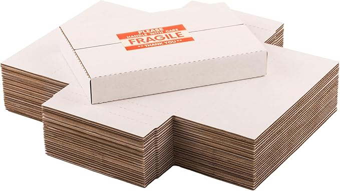 9x6x1.3 inch Shipping Boxes, Easy-Fold Multi-Depth DVD Mailer Box with Fragile Stickers for Mailing, Storing, Package, Gifts, Crafts, Business or Home, White, 25 Pack