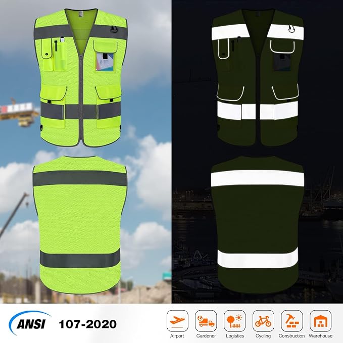 TCCFCCT Mesh Hi Vis Vest 9 Pockets High Visibility Reflective Safety Vest for Men Women, Safety Construction Vest with Reflective Strips, Meets ANSI/ISEA Standards, (Yellow, Medium)
