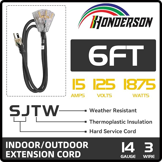 3-Outlets Indoor Outdoor Extension Cord Weatherproof with Lighted End, UL Listed, 14 Gauge 6FT Black 3 Prong Heavy Duty, 14/3 SJTW 15A Power Cord