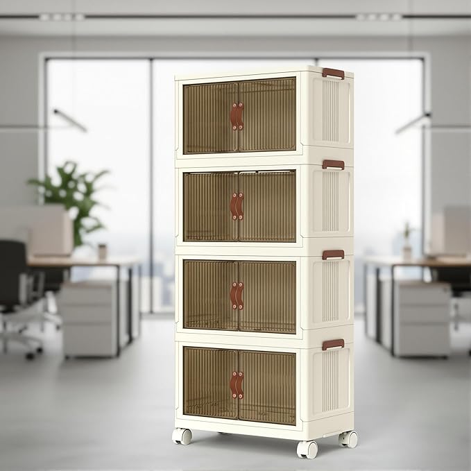 4 Tier Plastic Stackable Storage Bins and Boxes Organizer, Foldable Containers, Stackable Closet Organizers, Collapsible Boxes, White (4 Tier, 25.8″)