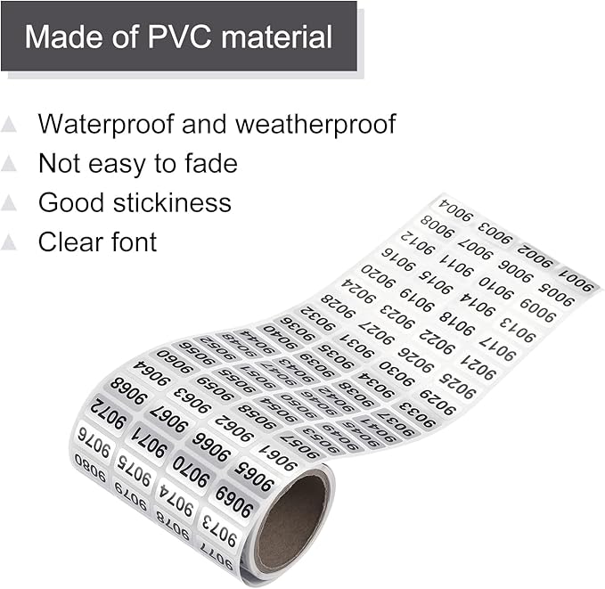 MECCANIXITY Black Number Stickers 9001-9999, Paper, Roll, Single Use, Outdoor, Indoor, Waterproof, 20x10mm, 1 Roll x 1000 Stickers