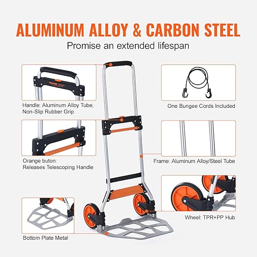 VEVOR Folding Hand Truck and Dolly, 275 Lbs Capacity, Aluminum Foldable Cart, Heavy-Duty Luggage Trolley Cart with Telescoping Handle and PP+TPR Wheels for Home, Office, Shopping, Travel