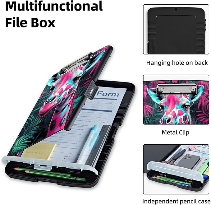 Clipboard with Storage Box & Pen Holder,Heavy Duty Clip Boards 8.5x11 for Nursing,High Capacity,School & Office Supplies,Giraffe Floral