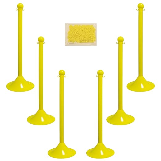 Mr. Chain Plastic Stanchion Kit with 50 Feet of 2-Inch Link Chain and C-Hooks, Yellow, Pack of 6 (71002-6)