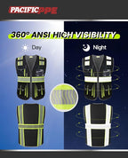PACIFIC 10 Pockets Class 1 Safety Vest for Men, 3M High Visibility Reflective Strips, Meets ANSI/ISEA Standard, Black, XX-Large