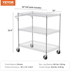VEVOR Kitchen Utility Cart, 3 Tiers, Wire Rolling Table with 661 LBS Capacity, Steel Service Desk on Wheels, Metal Storage Trolley with 80 mm Deep Basket Curved Handle 6 Hooks