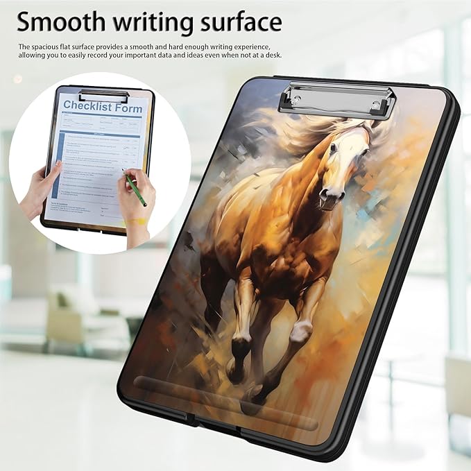 Clipboard with Storage,Office Supplies Nursing Clipboards Folder with Pen Holder Plastic Foldable Clip Board with Storage for Nurse Teacher,Galloping Horse