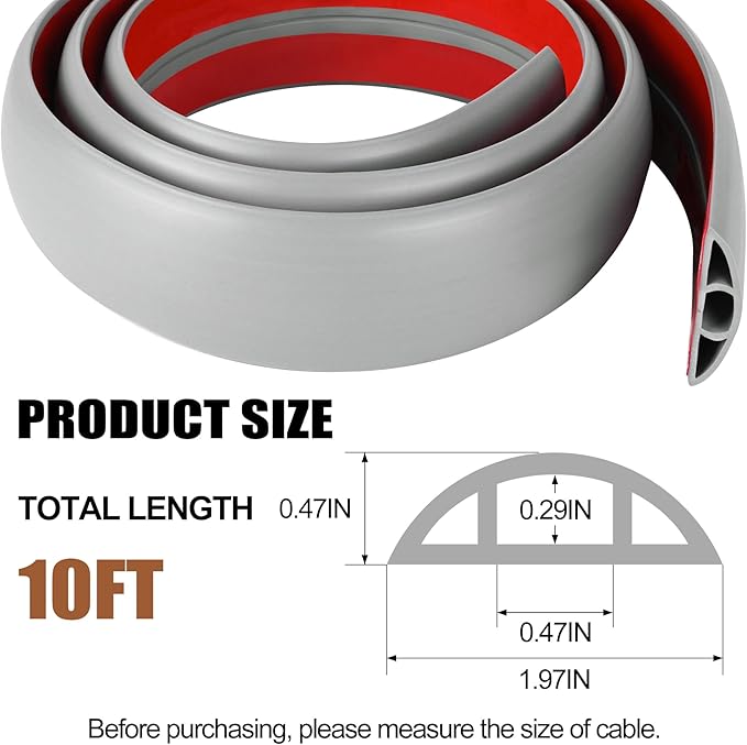 MYFAMIREA 10FT Floor Cord Cover for Wire Self Adhesive Cable Cavity Management PVC Extension Cord Hider Power Floor Wire Protector Cover Prevent Cable Trip for Office Home Outdoor (Gray, 1.97'')