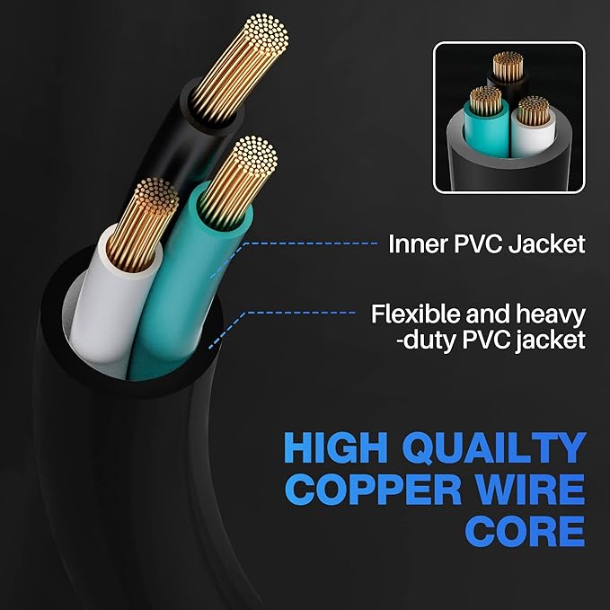 14/3 Gauge Heavy Duty Outdoor Extension Cord 10 FT, 90 Degree Angled 3 Prong Plug, 14 Gauge Power Cable with 3 Outlets, 14AWG, 15A, 125V, 1875W, ETL Listed, Black Wire, with Free Carrying Strap+Ties