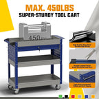 3 Tier Rolling Tool Cart on Wheels, 450 LBS Capacity Tool Cart with Drawers, Heavy Duty Rolling Utility Cart on Wheels, Rolling Tool Work Carts for Garage, Warehouse and Repair Shop,Grey Blue