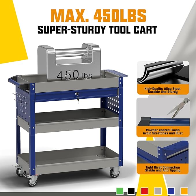 3 Tier Rolling Tool Cart on Wheels, 450 LBS Capacity Tool Cart with Drawers, Heavy Duty Rolling Utility Cart on Wheels, Rolling Tool Work Carts for Garage, Warehouse and Repair Shop,Grey Blue