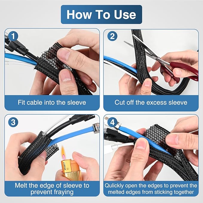 Nilight Cable Sleeve, 10ft-1/2inch Cord Management Sleeves, Braided Sleeving, Split Self Wrapping Wire Loom for Computer Electrical Automotive Harness Protector Organizer, Black