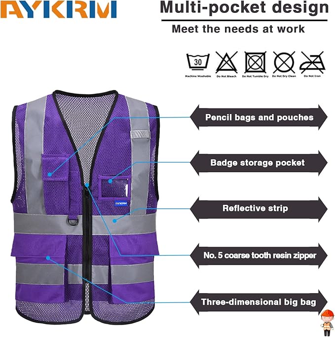 A-SAFETY High Visibility Mesh Safety Reflective Vest with Pockets and Zipper,Hi Viz Work Vest for Men Women (Purple Mesh XXXL)