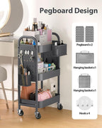 ALVOROG 3 Tier Rolling Cart with DIY Pegboards Metal Utility Cart with Wheels Handles Baskets Hooks, Storage Cart for Office Kitchen Bathroom(Gray)