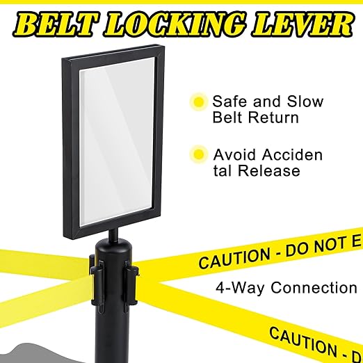 Therwen 6 Pack Heavy Duty Crowd Control Stanchions 9.8 ft Stainless Steel Stanchion Set with 6 Safety Barrier Post Retractable Belt and 1 Sign Holder Crowd Control Barrier(Caution Belt,Black)