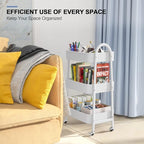EAGMAK 3 Tier Utility Rolling Cart, Metal Storage Cart with Handle and Lockable Wheels, Multifunctional Storage Organizer Trolley with Mesh Baskets for Kitchen, Living Room, Office, Garage (White)