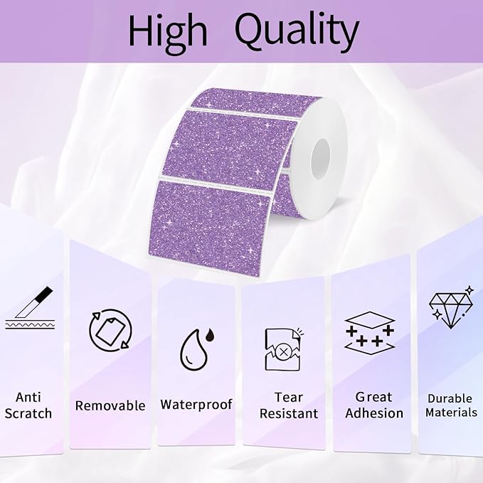 3x2 Inch Holographic Thermal Labels, Purple Thermal Sticker Labels, Glitter Thermal Stickers for DIY Custom Logo, Perforation Line Design- 200 Sheets