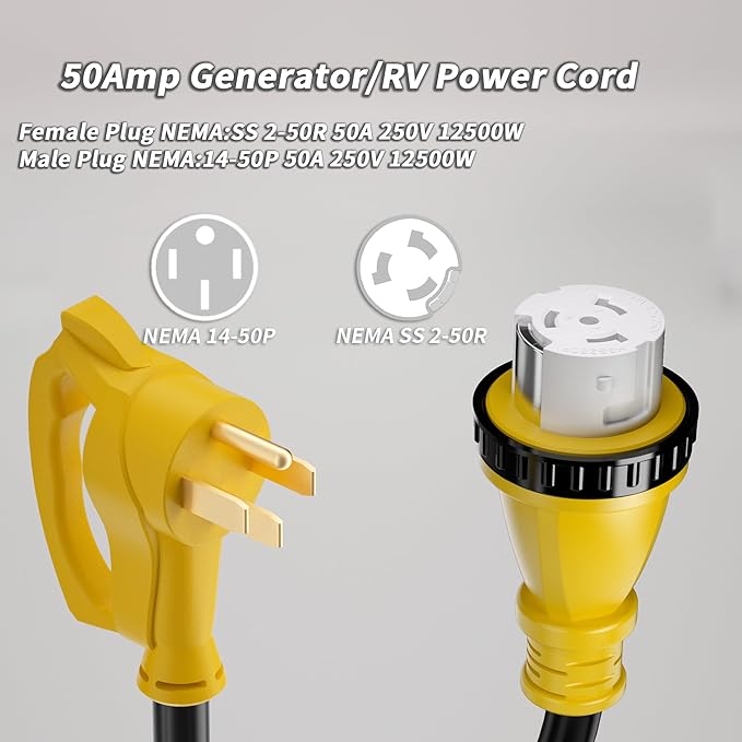 50 Amp Generator Cord, 10FT 50 Amp RV Extension Cord with Twist Lock, Generator Cable 50A 4 Prong, NEMA 14-50P to SS2-50R Heavy Duty STW Wire for RV Camper & House