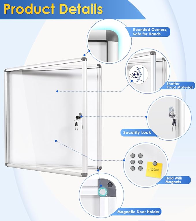 SWANCROWN Lockable Noticeboard White Bulletin Boards Magnetic Wall Mount Message Board with Glass Door and Keys 28x26inch(6xA4)