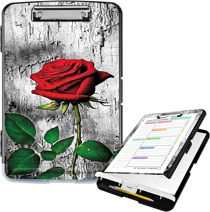 Clipboard with Storage High Capacity Plastic Nursing Clipboards with Pen Holder File Folder Storage Box Clipboard with Heavy Duty Clips for Teacher,Doctor,Offices-Elegant Red Rose