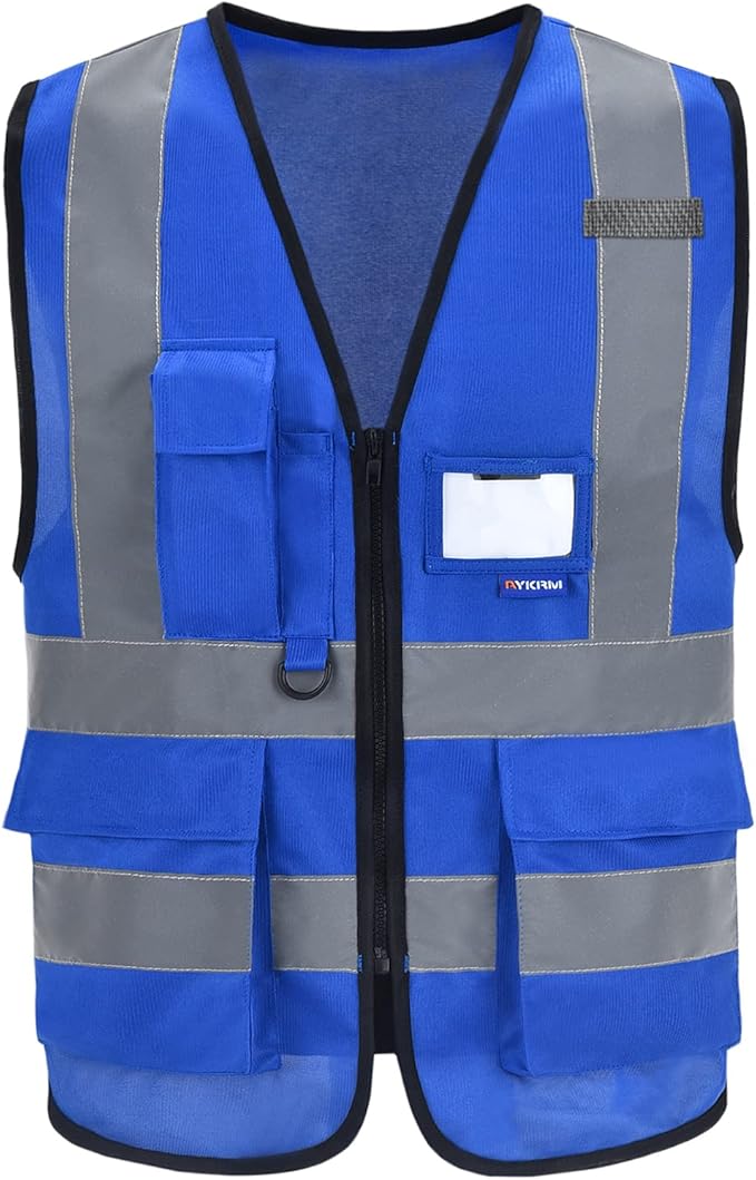 A-SAFETY Big and tall Blue high vis Reflective Work Ves 7 Pockets,4XL-5XL