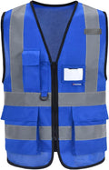 A-SAFETY Blue High Visibility Reflective Safety Vest,Hi Vis Bright Neon Color with 4 Reflective Strips 8 Pockets,X-Large