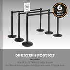 Qbuster Black Stanchions with Retractable Belts, Crowd Control Safety Barrier with 11’ Black Belts, 1 Sign Holder, Set of 6 Posts
