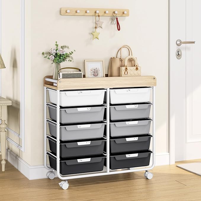 10 Drawers Rolling Cart with Wooden Tabletop, Utility Storage Cart with Wheels, Art Supply Craft Organizer on Wheel with Metal Frame & Handles for Home Office School,Grey