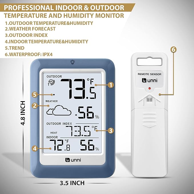 Indoor Outdoor Thermometer Hygrometer Wireless Weather Station, Temperature Humidity Monitor Battery Powered Inside Outside Thermometers with 330ft Range Remote Sensor(Blue)